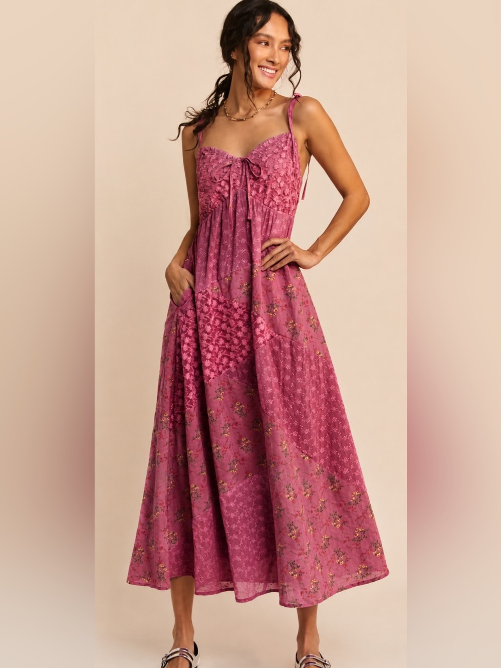 Davi and Dani Rose Patchwork Floral Maxi Dress Medium NWOT Boho Pockets